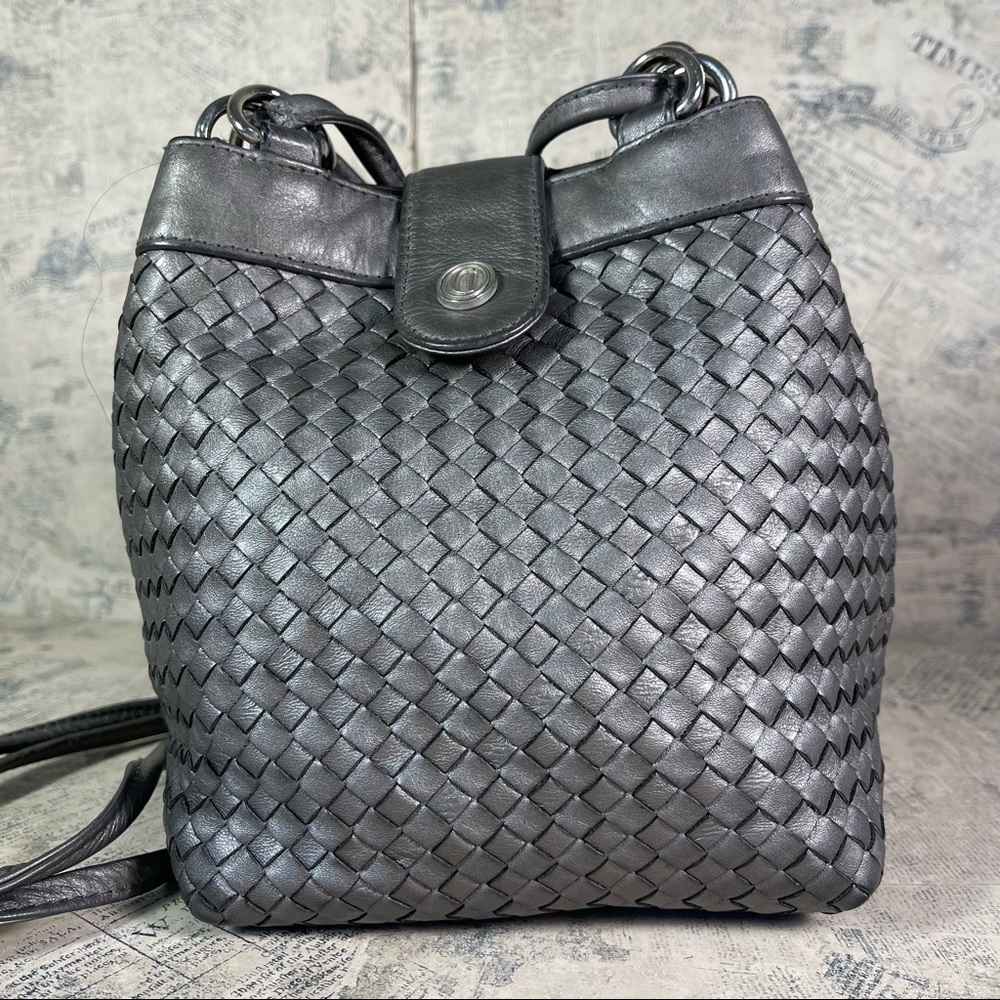 Vintage GANSON Metallic Silver Gray Woven Leather Crossbody Shoulder Bag